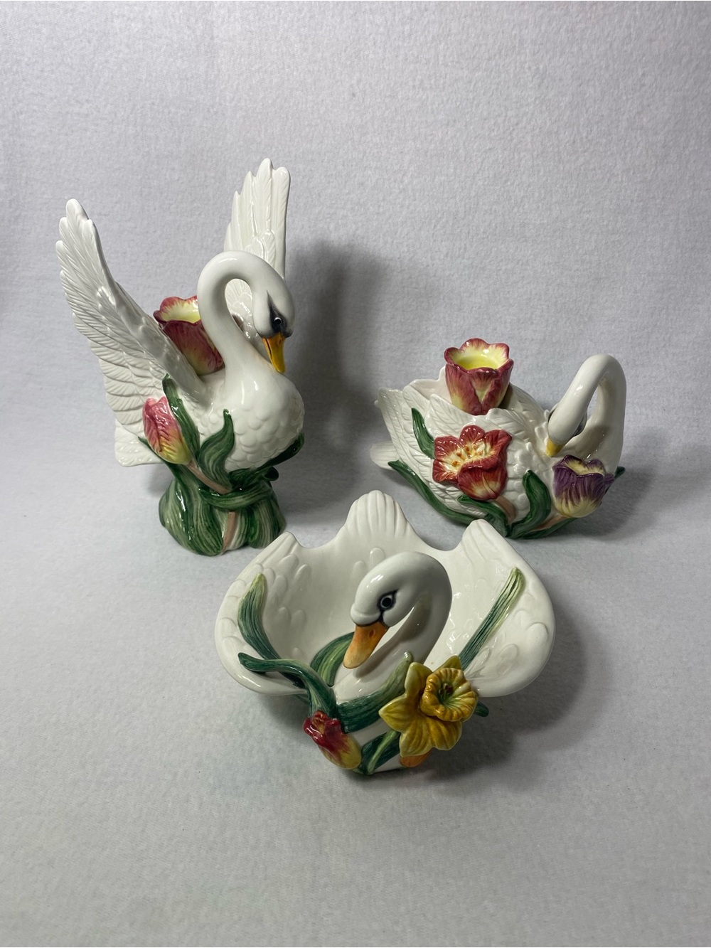 Fitz & Floyd Swan Candle Holders Pair & Trinket Dish Floral Ceramic Vintage
